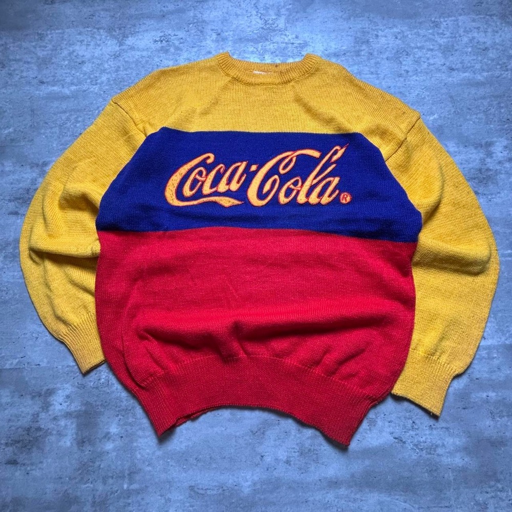 Coca Cola Knit Sweater Men Large Multi Color Block Vintage 1986 Logo